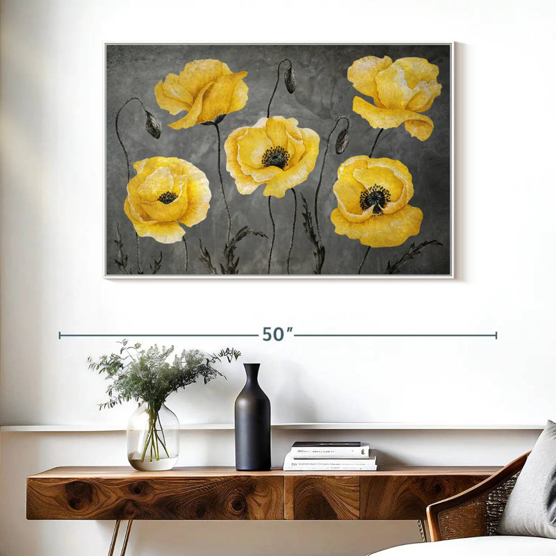 Coquelicots jaunes, Cadre flottant blanc, 40 po x 27 po