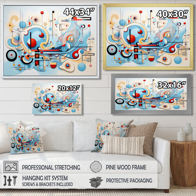 Mid-Century Symphony Blue Jazz I - décoration murale géométrique, Brown Floater Framed Canvas, 30" H x 40" W x 1.5" D