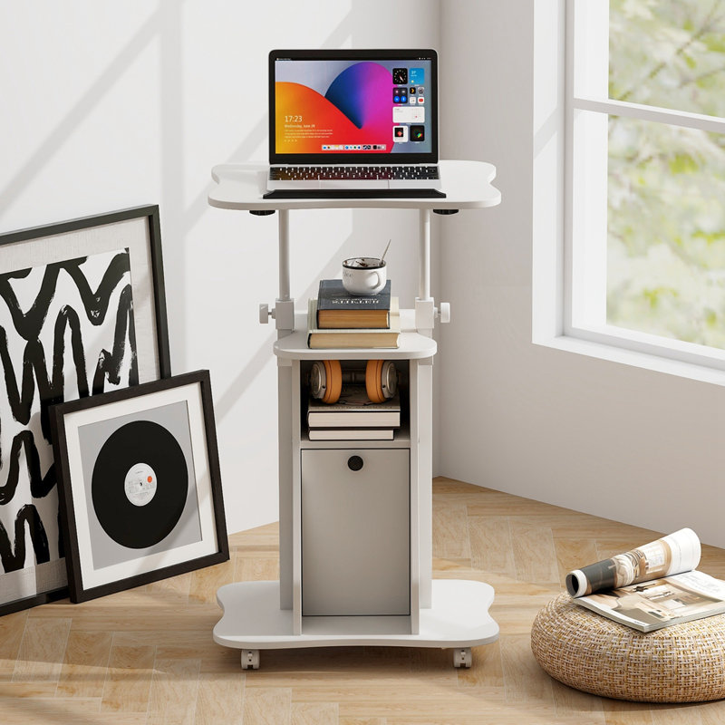 Costway 2 Pcs Mobile Podium Stand Office Laptop Cart With Storage Adjustable Height White