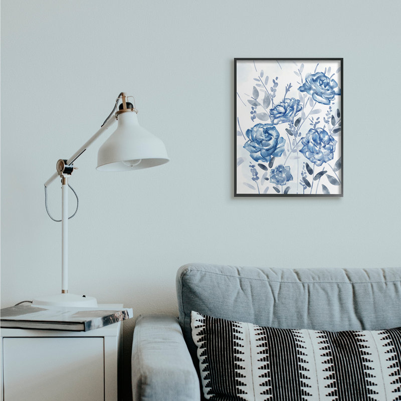 Fleurs de jardin abstraites bleues, Giclée encadrée noir minuit, H 20 po x l 16 po