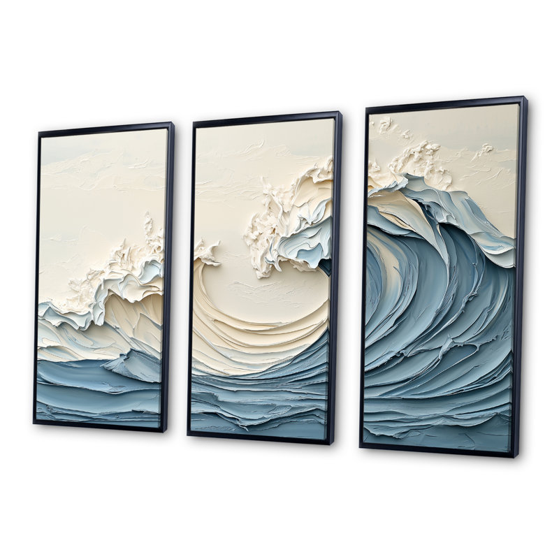 Art mural blanc et bleu style vague I - Coastal Waves, H 28 po x l 36 po x P 1 po, Toile avec cadre flottant noir