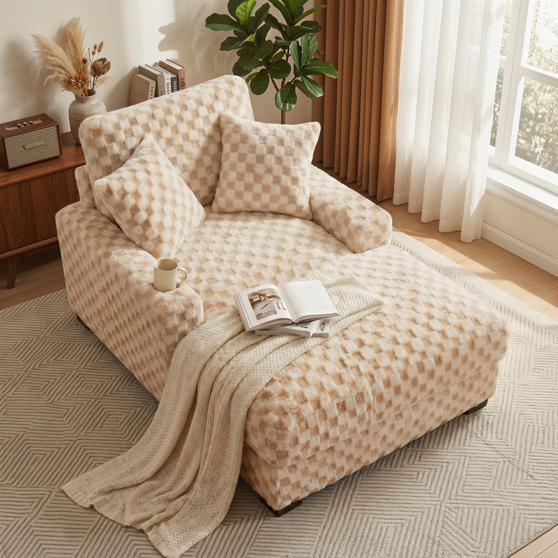 Chaise avec accoudoirs rembourrés en fausse fourrure de 41 pouces et fauteuil surdimensionné avec structure en bois, Sand
