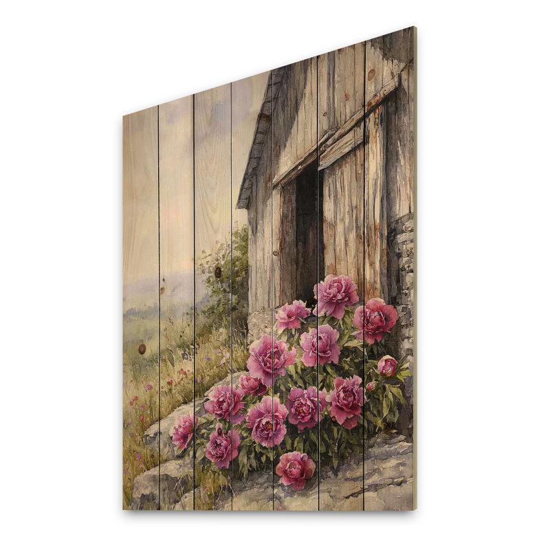 Lavande pivoines par la grange vieillie III - décoration murale en bois pivoines - sur bois de pin naturel