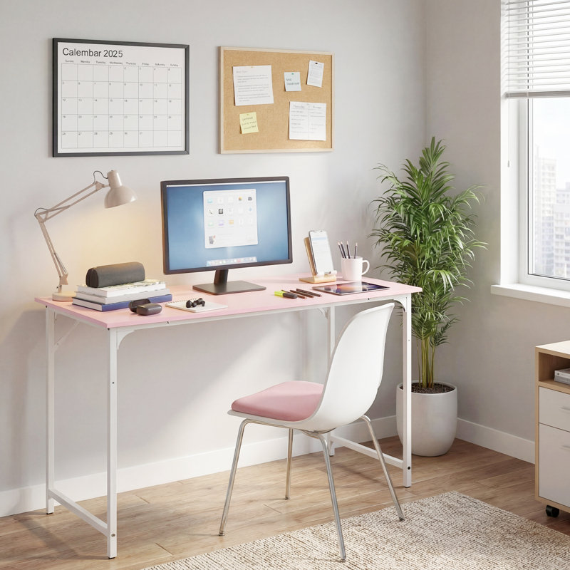 Office Desk Small Computer Desk Study and Writing Table Simple Modern Desk with Metal Frame for Home Office, Pink/White