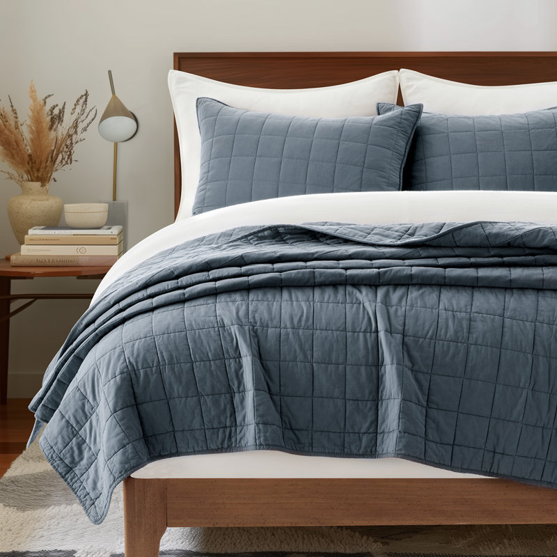 Ensemble de courtepointe 100% coton, Courtepointe très grand et 2 très grandes taies , Bleu minuit