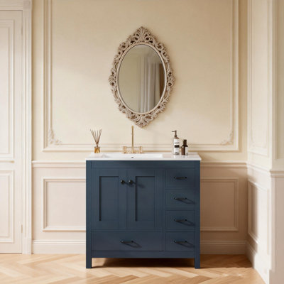 Meuble-lavabo bleu 36 po avec lavabo en céramique, portes à fermeture douce et 5 tiroirs pour un rangement généreux et une esthétique moderne