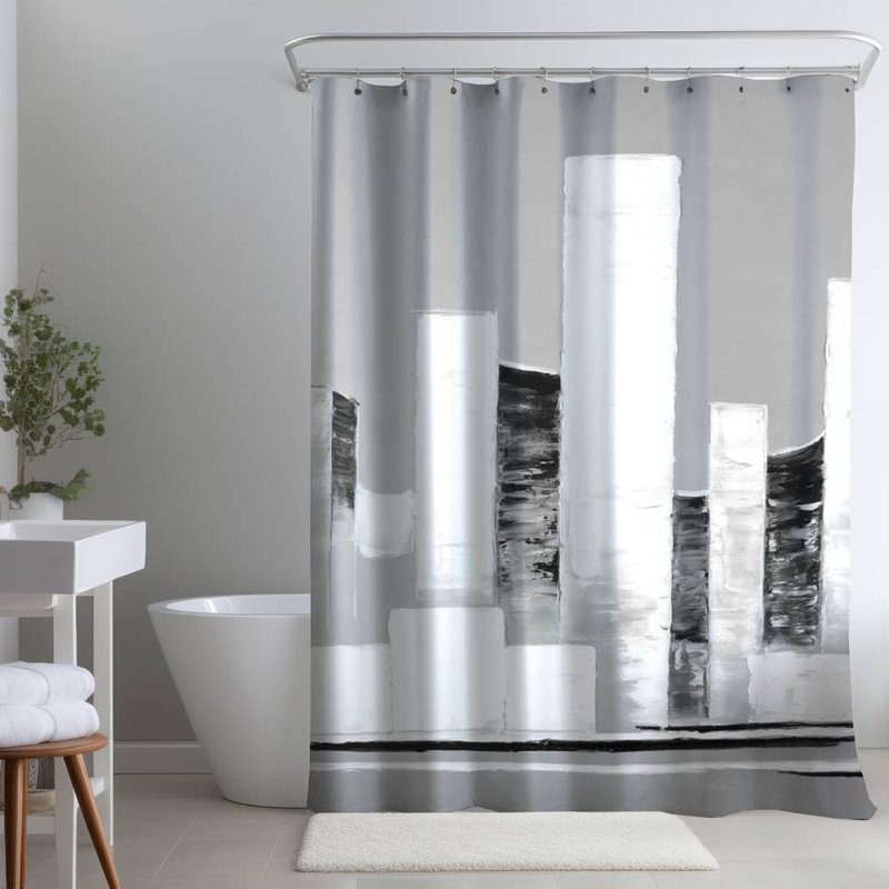 Geometric – Polyester Shower Curtain, Dye Sublimation Print, 71" W × 74" L, White/Black/Light Gray