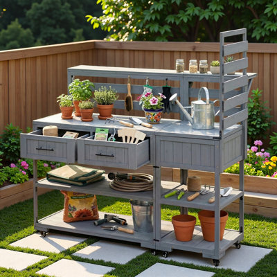 Patio Kitchen Island With Stainless Table Top, Raised Shelf, Drawers And Open Shelves