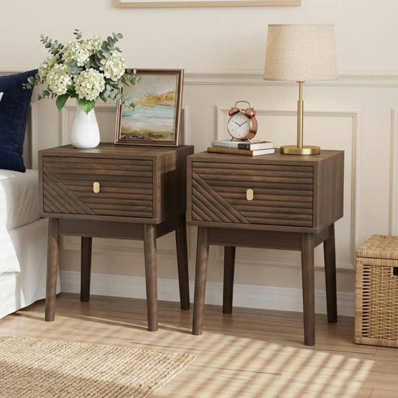 Ensemble de 2 pièces table de chevet en noyer de style médiéval-moderne, table de chevet avec poignées en métal
