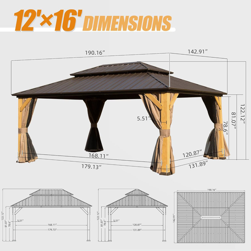 Pavillon de jardin en bois massif avec toit double en acier galvanisé, H 122,46 po x l 190,41 po x P 142,78 po