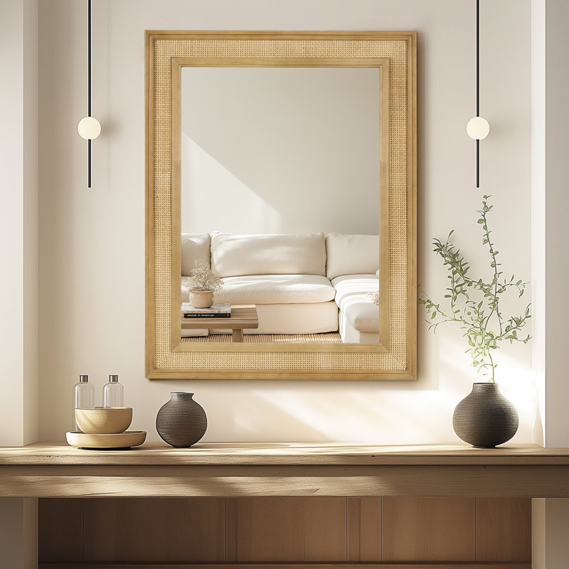 Miroir rectangulaire en bois de rotin avec verre trempé, 44 po x 32 po