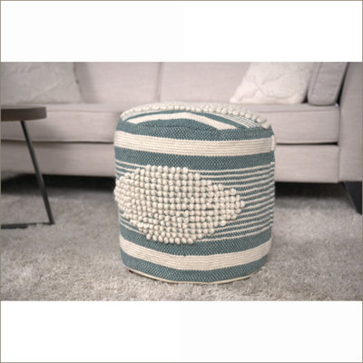 Pouf, Handcrafted Wool &amp; Cotton Fabric Cylindrical for Living Room, Snow White &amp; Teal | Teal | Fabric