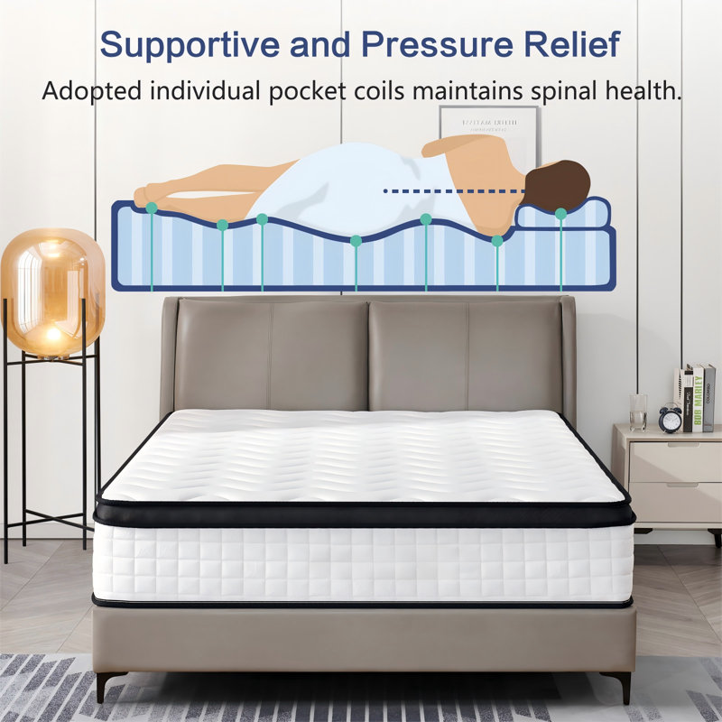 Matelas hybride pour grand lit de 12 pouces avec mousse à mémoire de forme et ressorts ensachés individuellement, Grand lit