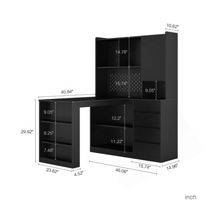 Bureau d'ordinateur en forme de L avec station de recharge, armoire de rangement, éclairage DEL et étagère.