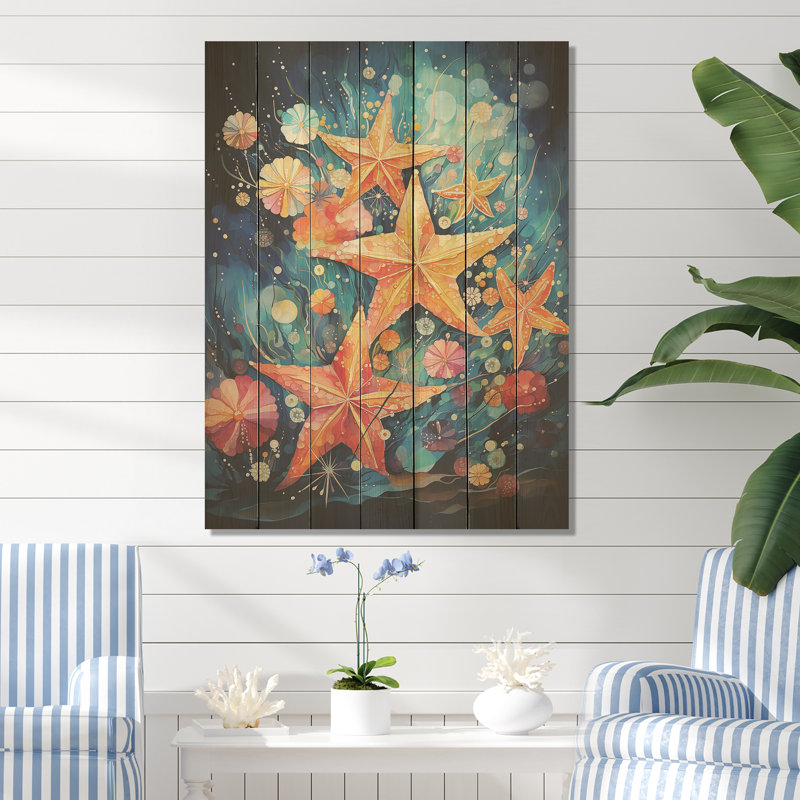 Collage d'étoiles de mer bleues et orange - Étoile de mer sur bois, H 40 po x l 30 po