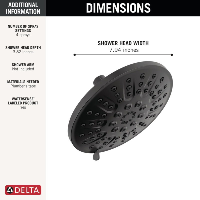 Pomme de douche à 4 jets, pomme de douche ronde à haute pression 1,75 gallons par minute, Noir mat