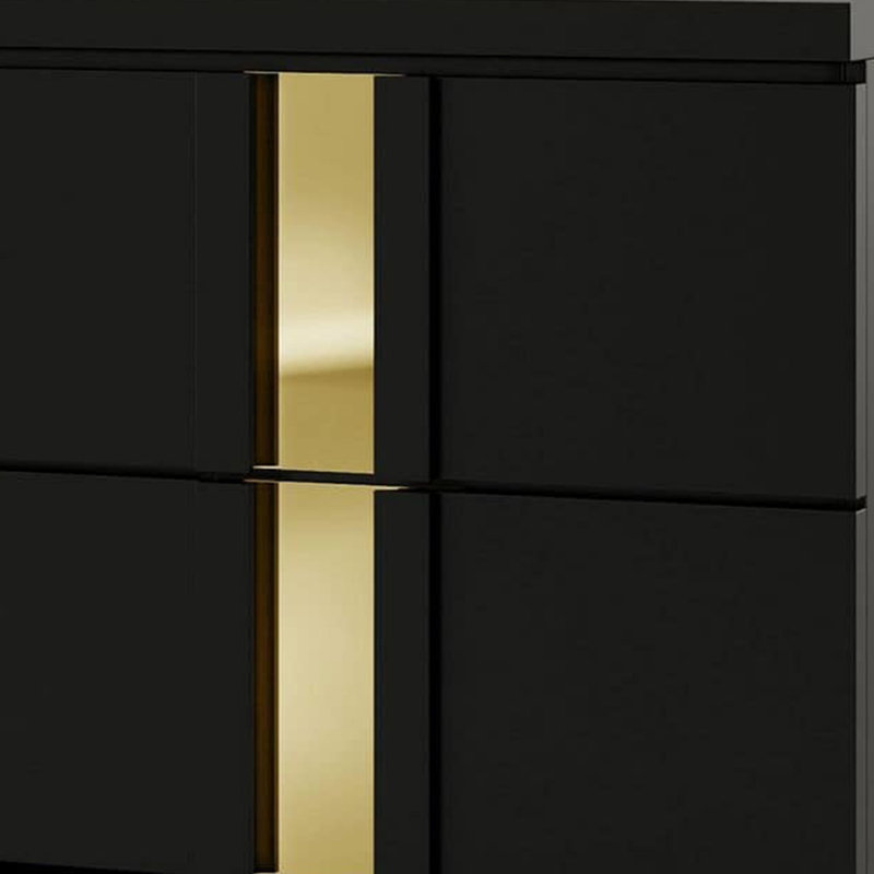 Ensemble de chambre à coucher grand lit, noir, bois doré, ensemble de 3 pièces avec 2 tables de chevet, Noir et or