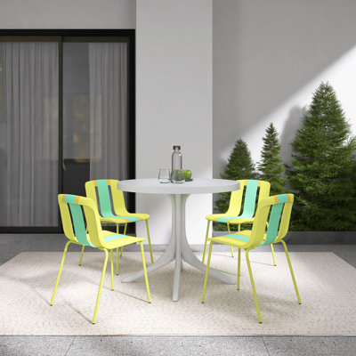 5 Piece Indoor/Outdoor Dining Set, 4 Modern Striped Color Block Chairs with PP Seat & Sturdy Metal Legs, 36 Inch White Round PP Table