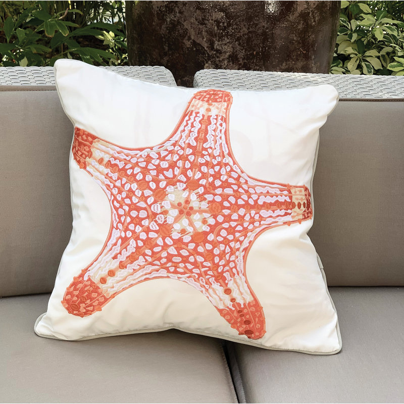 Coral Starfish Embroidered Square Indoor/Outdoor Pillow