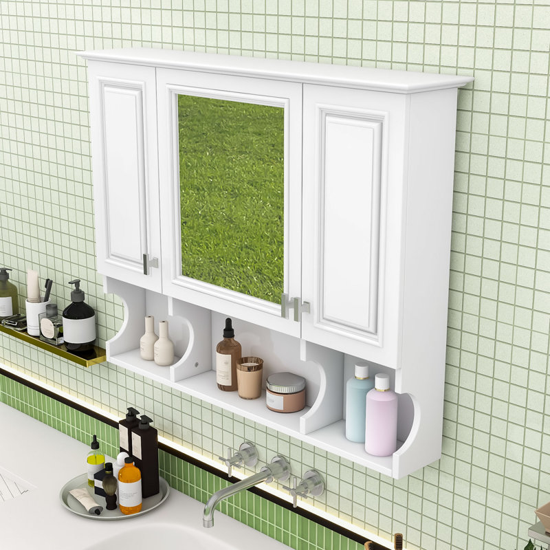 Armoire de salle de bain murale à miroir avec tablettes réglables, rangement dissimulé et rangement ouvert, Blanc
