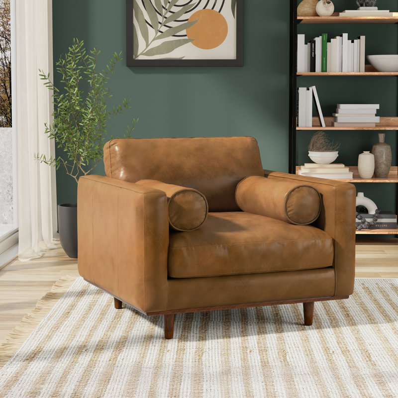 Morrison 42"W Upholstered Mid-Century Modern Arm Chair with Bolster Pillows, Sienna Genuine Leather