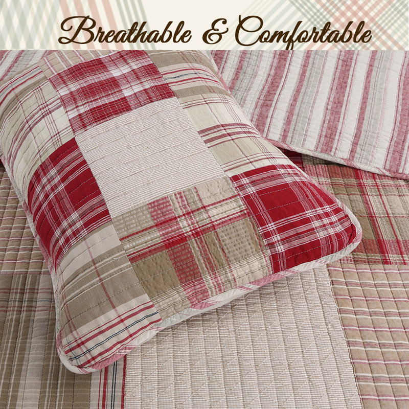 King Red and Beige Cotton Reversible Patchwork Quilt Set