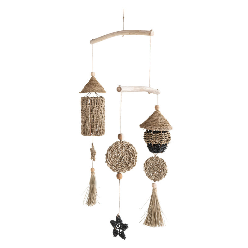 Wood and Hand-Woven Seagrass Mobile Wall Hanging