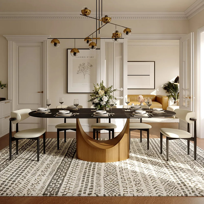 9 Pieces Dining Room Sets, Pre-Assembly Oval Dining Table Sets, Sintered Stone Tabletop Kitchen Dining Table Set With Upholstered Chairs