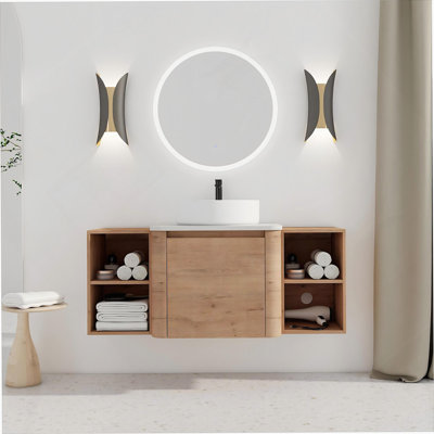 Meuble-lavabo mural 48 po avec lavabo d'art en céramique et 2 tablettes de rangement, porte à fermeture en douceur, emballage KD, contreplaqué