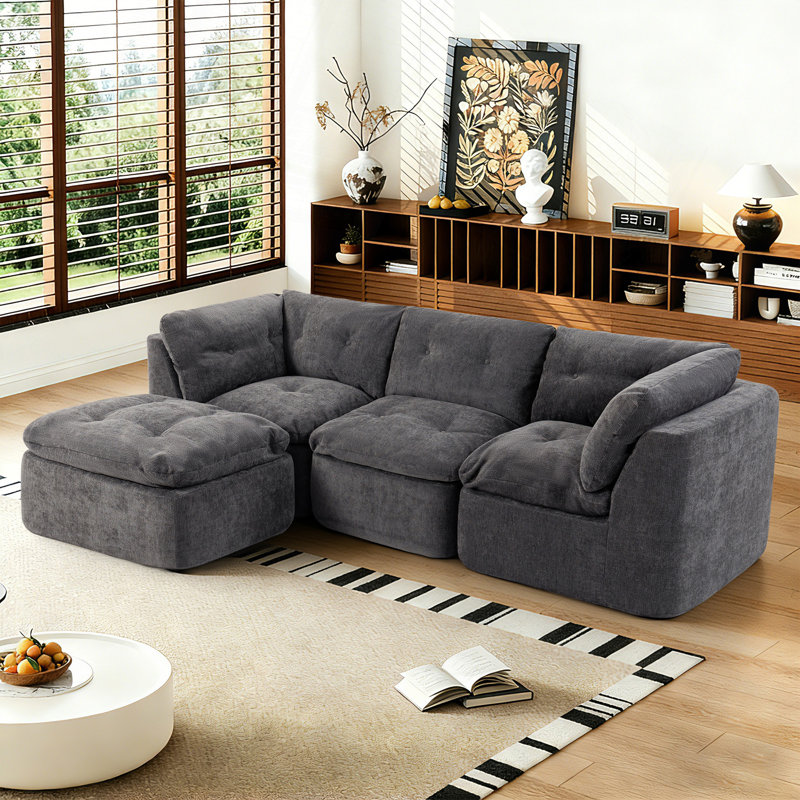 Canapé de salon moderne de style nuage, canapé convertible sans cadre en forme de L (avec repose-pieds), canapé surdimensionné confortable en chenille surdimensionné à 4 places, canapé modulaire modulaire