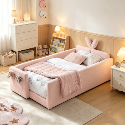 Twin Size Cute Rabbit Ear Boucle Platform Bed with Safety Rail & Side Pocket