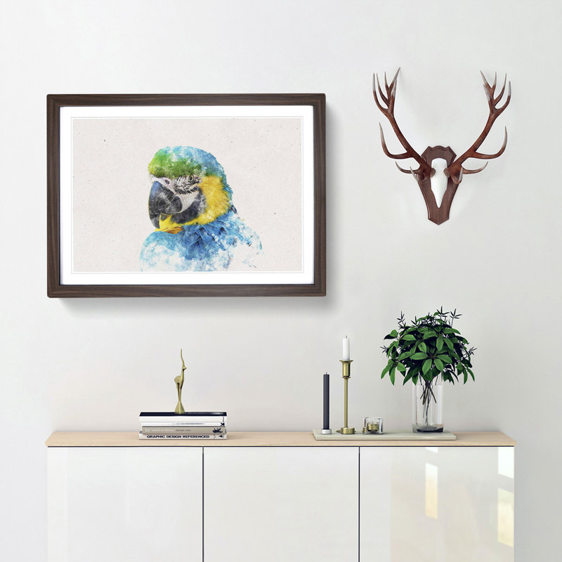 Blue and Yellow Macaw Parrot - Picture Frame Graphic Art Print, 40cm H x 60cm W x 2cm D, Walnut Framed