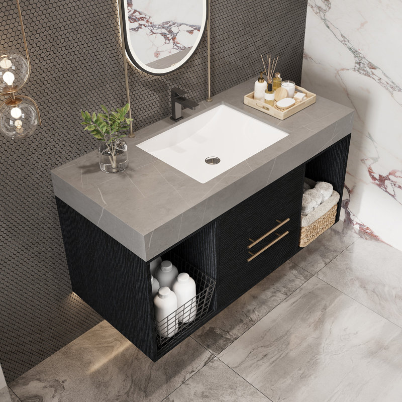 Meuble-lavabo flottant contemporain Avelyn, Noir, Gris