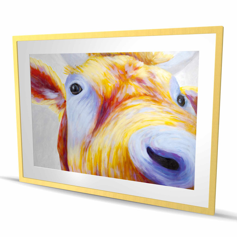 Gros plan sur une vache de campagne colorée, reproduction encadrée | Décoration intérieure, Doré
