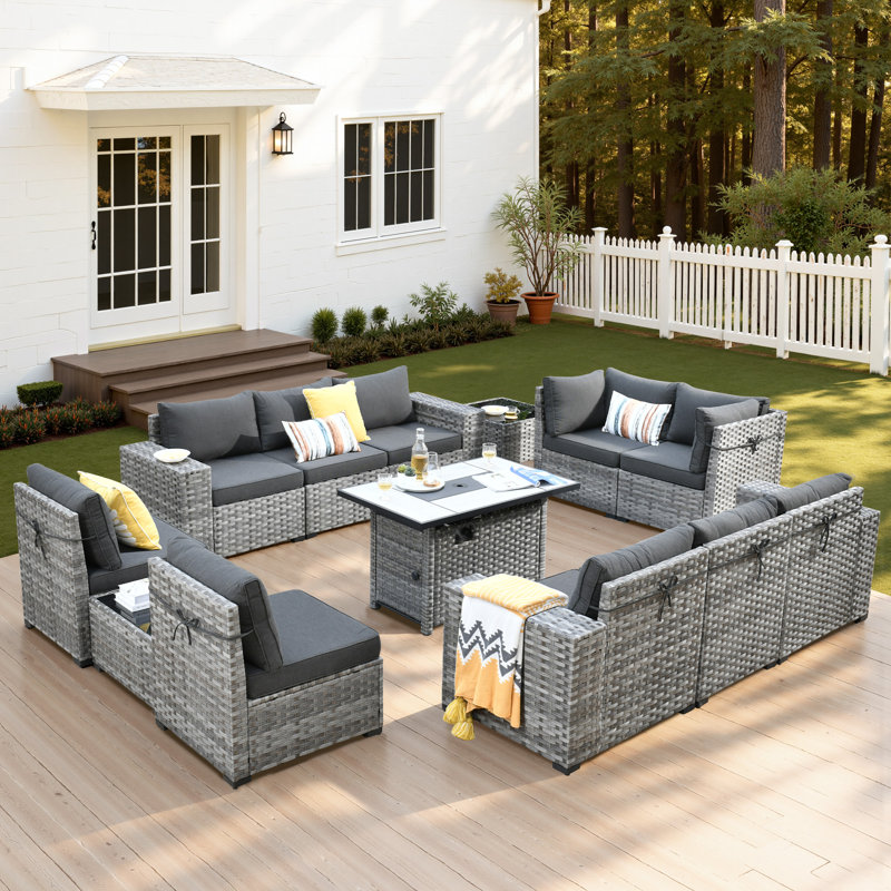 Bobia 13 Piece Wicker Sofa Seating Group with Cushions and Fire Pit Table, Black