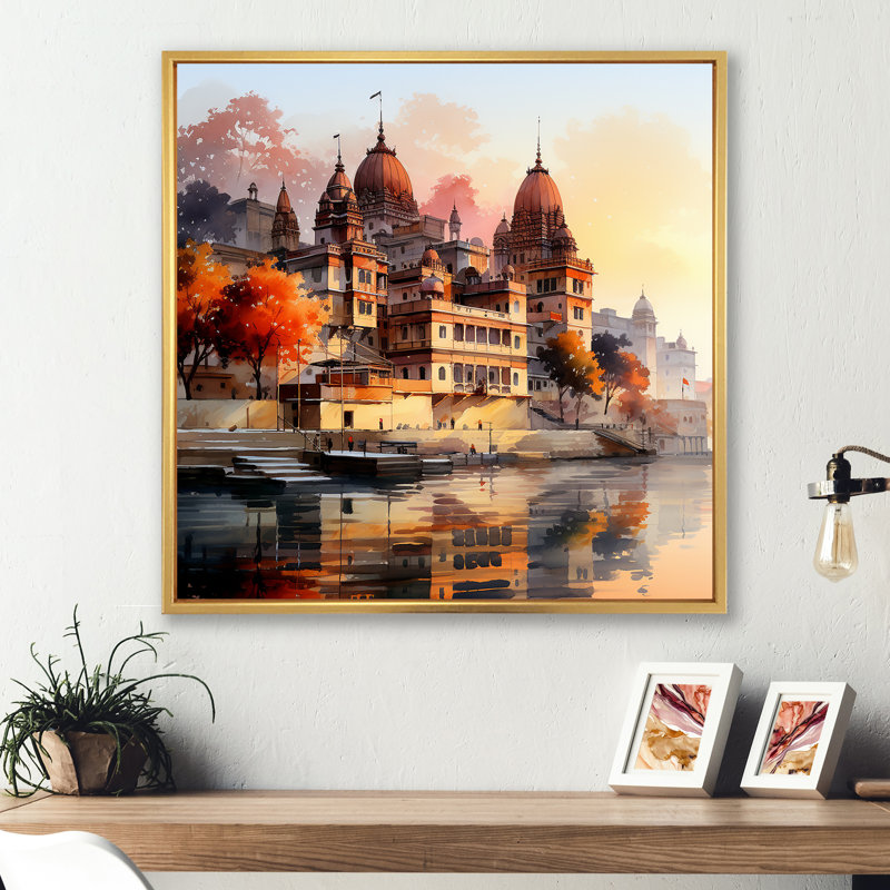 Indian Art Ganges At Dawn 1 - Art mural indien, H 36 po x l 36 po x P 1,5 po, Cadre flottant doré