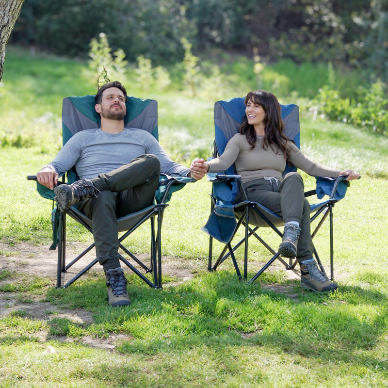 XXL Blue and Gray Padded Folding Camping Chair with Armrests