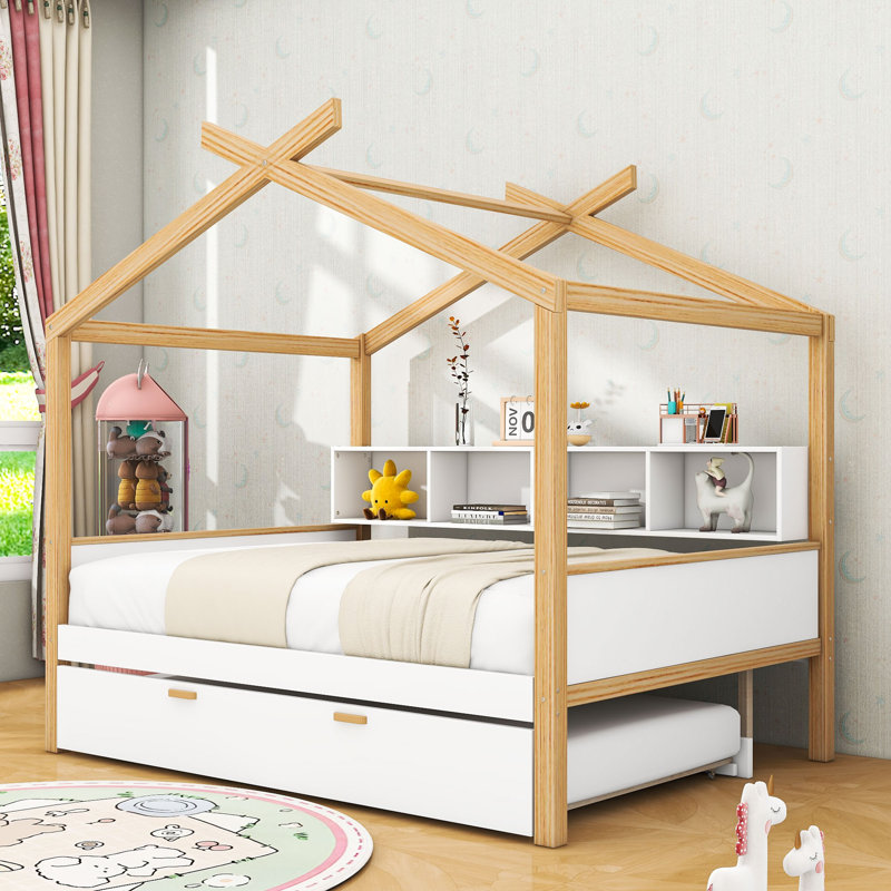 Lit en bois avec lit gigogne escamotable et rangement pour bibliothèque, Double