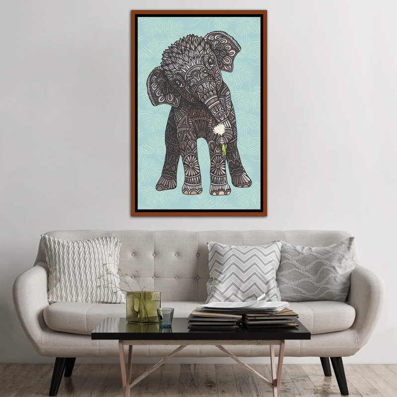 «Baby Elephant - Teal» par Angelika Parker - impression d'art graphique, Toile avec cadre en bois brun, Pas de tapis