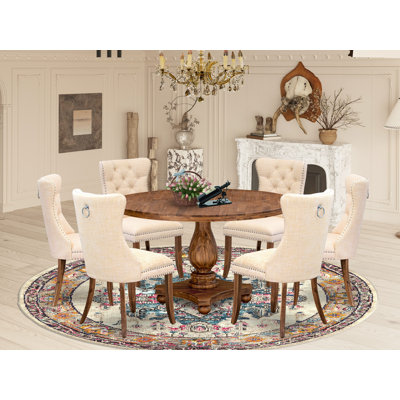 Ensemble de cuisine 7 pièces Mid-Century en polyester 6 chaises de cuisine beige clair, dossier capitonné et table ronde de 54 po au fini noyer antique.