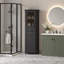 Armoire de rangement de salle de bain moderne noire 63 po avec portes en verre, rangement autoportant avec 2 tiroirs et tablettes réglables, fabrication en panneau de fibres à densité moyenne avec dispositif anti-arrachement-1508398170