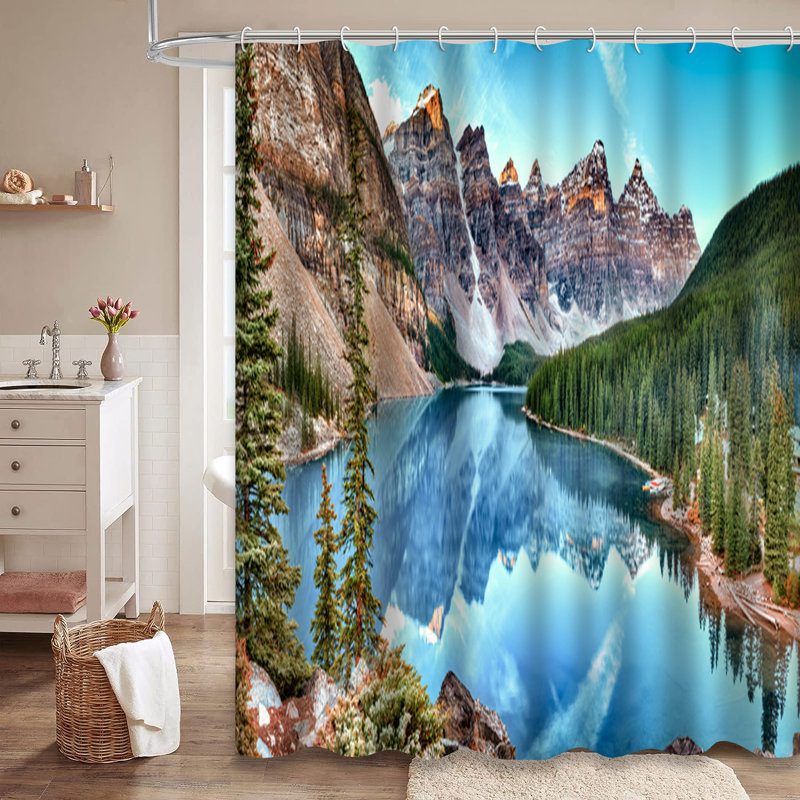 Rideau de douche Â« Paysages des montagnes du lac Moraine, Canada Â» avec 12 crochets, L 72 po x l 78 po