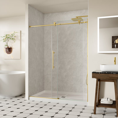 Porte de douche sans cadre, porte de douche coulissante l 56-60 po x H 74 po avec verre trempé clair de 5/16 po (8 mm), fermeture en douceur, acier inoxydable, finition or brossé
