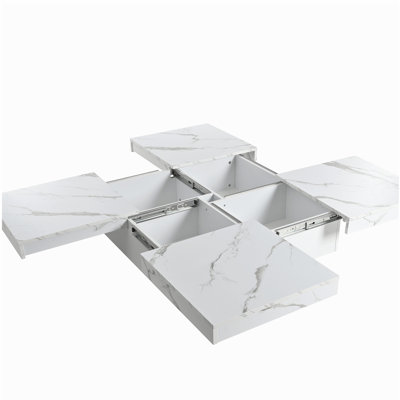 Square Marble Veneer Coffee Table Sliding Top with Storage in White 39.4''