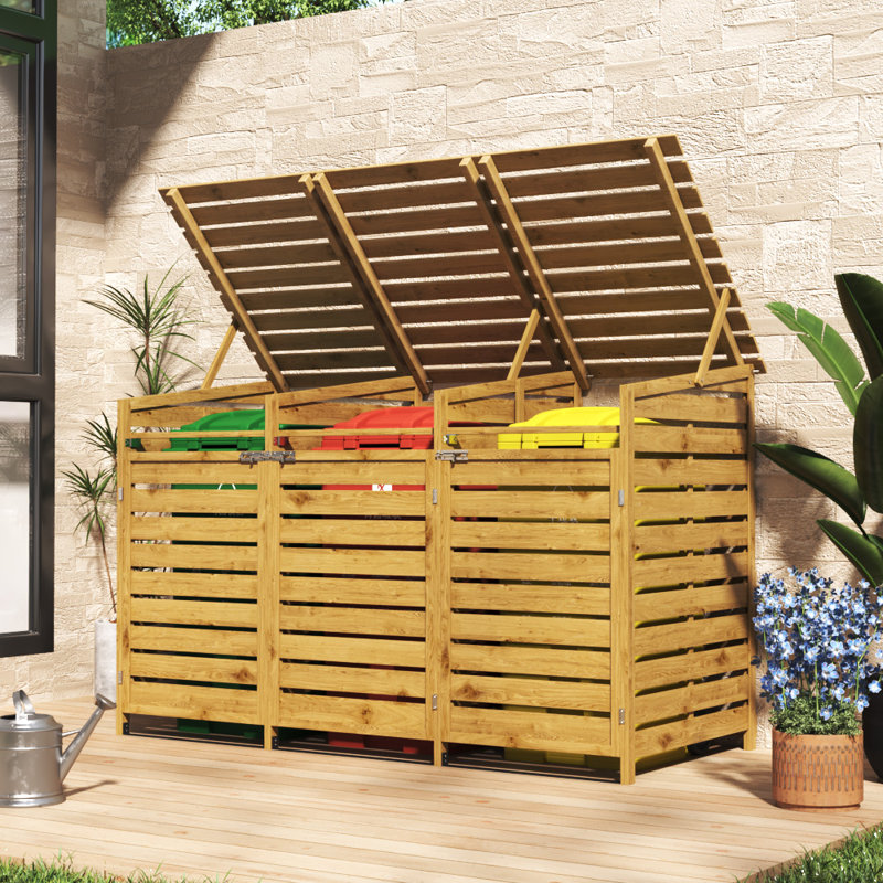 3‑Bin Fir Wood Outdoor Trash Can Storage Shed