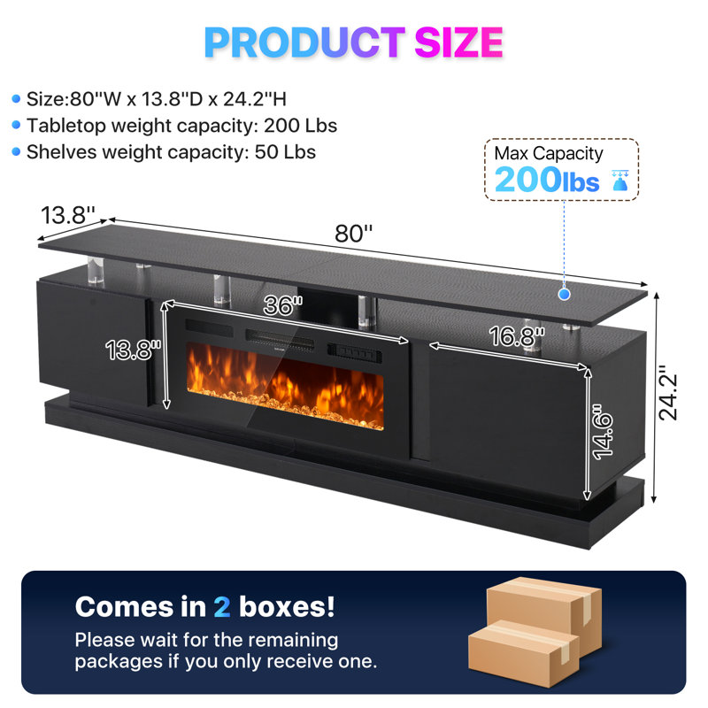80" TV Stand with 36" Electric Fireplacez, Black, 80"