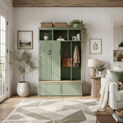 Modern Farmhouse Hall Tree with 4 Hidden Cabinets, Mudroom Coat Rack, Open Shelves, and 6 Hooks for Entryway