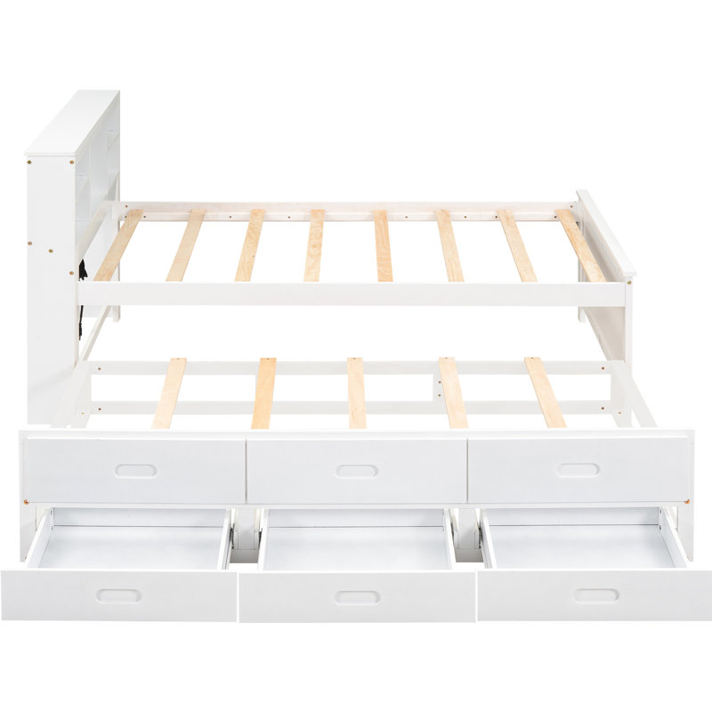 Lit plateforme avec tête de lit, USB, lit gigogne et 3 tiroirs, Blanc