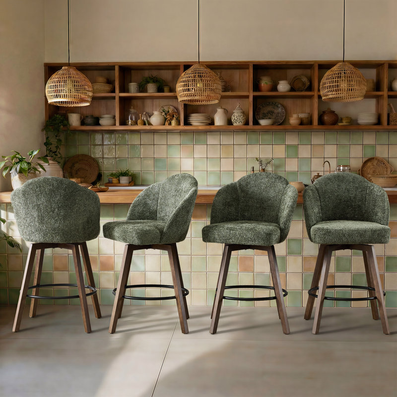 27" Upholstered Swivel Counter & Bar Stools with Large Seat, 360° Swivel Kitchen Island Chairs with Solid Wood Legs, Olive Green Chenille
