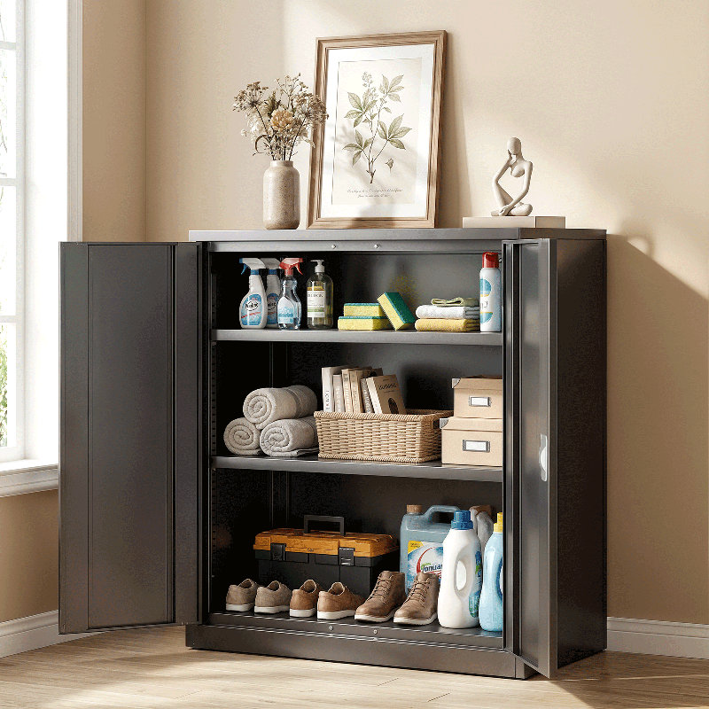 Metal Storage Cabinet, Garage Storage Organizer with Locking Doors and Adjustable Shelves for Workshop Office, Black